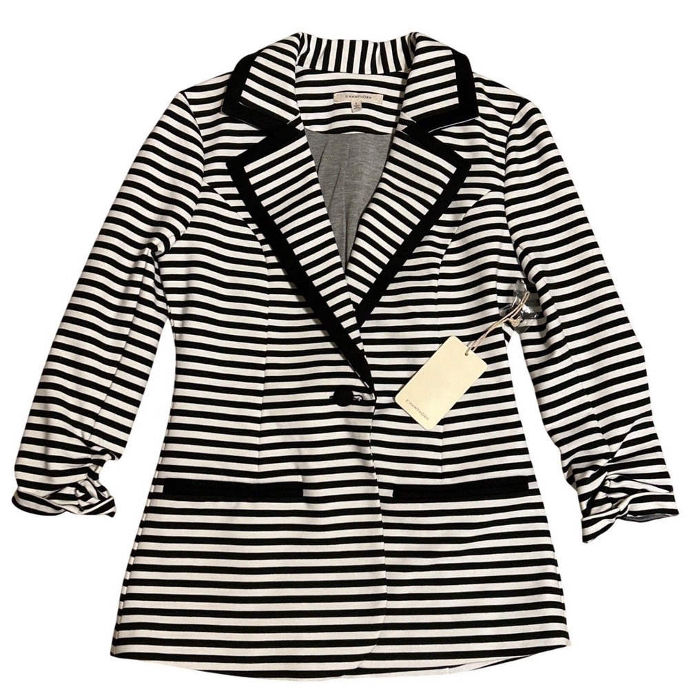 41 Hawthorn Women's Black White Striped Ruched 3/4 Sleeve Knit Blazer Small NWT